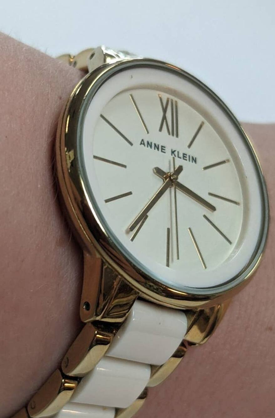 Anne Klein Two Tone White and Golden Sectioned Wrist Watch Roman Numeral